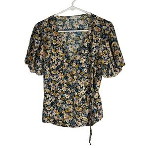 Nine Britton Womens Floral Wrap Top Short Puff Sleeve V-Neck Multicolor Small